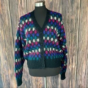 VINTAGE 80's 90's JAY JACOBS Jewel Tone Knit Mohair V neck Cardigan Sweater